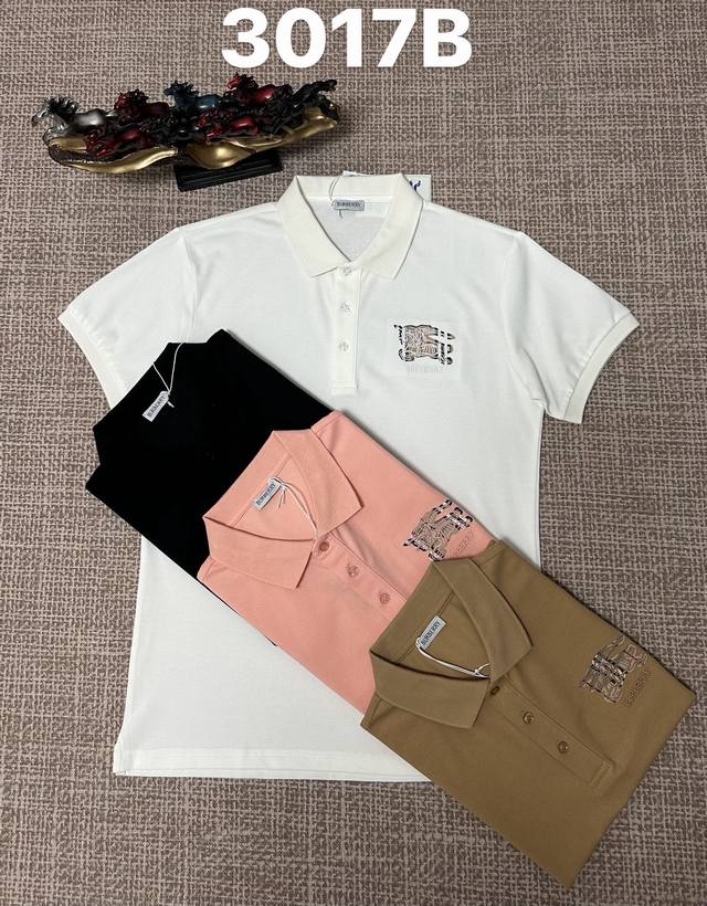 Burberry 3017B Men's Open-Chest Collar Polo Shirt, 100% Cotton Fabric, Embroide