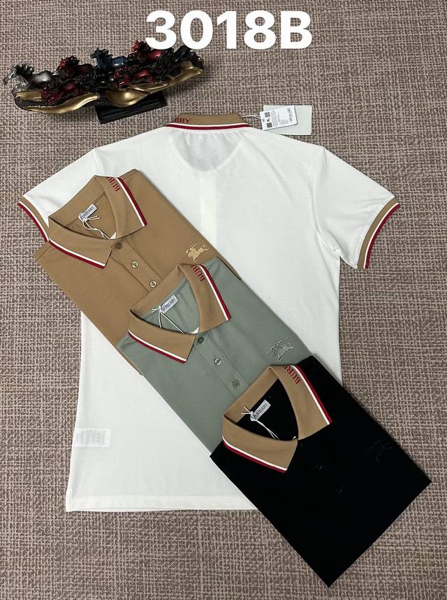 Burberry 3018B Men's Open-Chest Collar Polo Shirt, 100% Cotton Fabric, Embroide