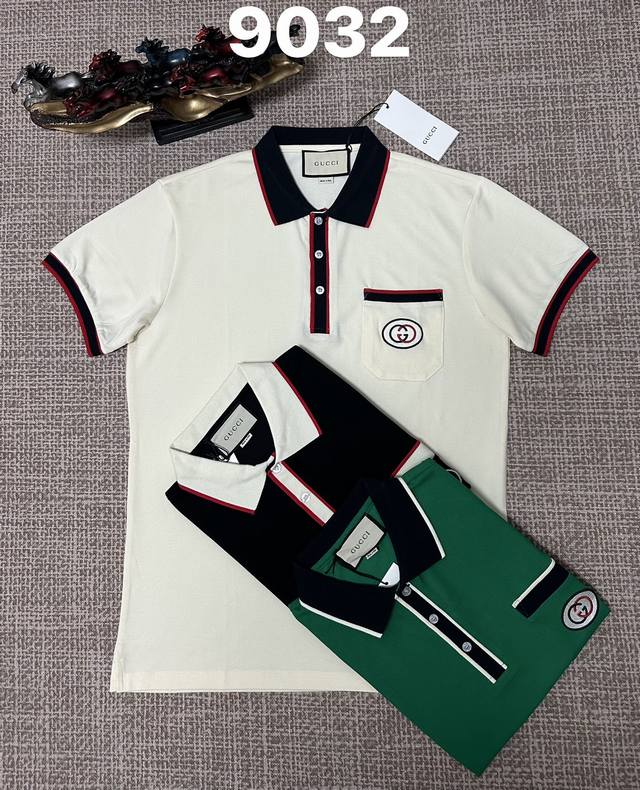 Gucci men's open-chest lapel style, 9032, pure cotton fabric, embroidered pocke