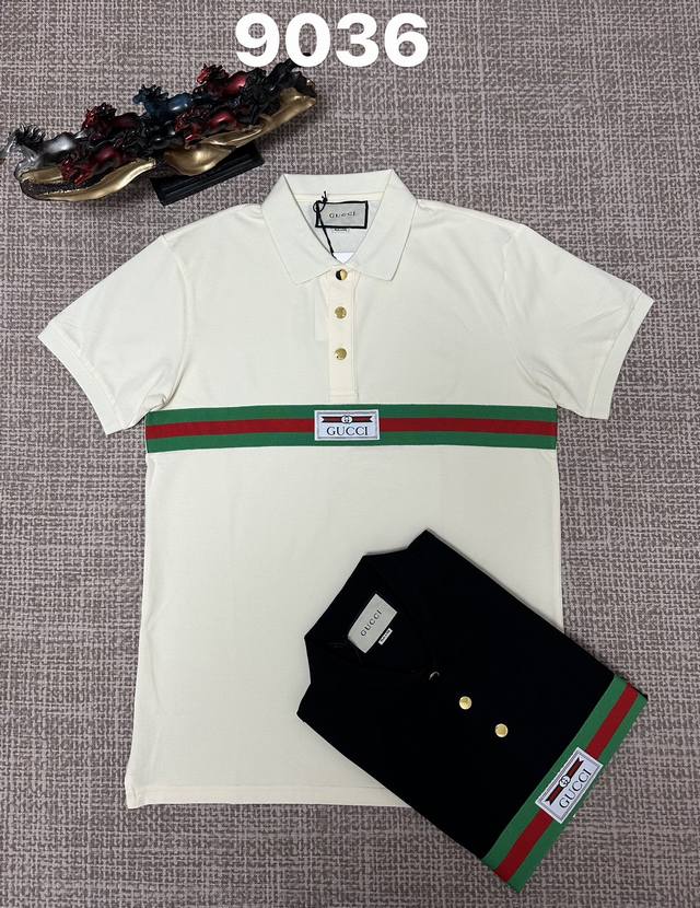 Gucci men's open-chest lapel style, 9036, pure cotton fabric, webbing patchwork