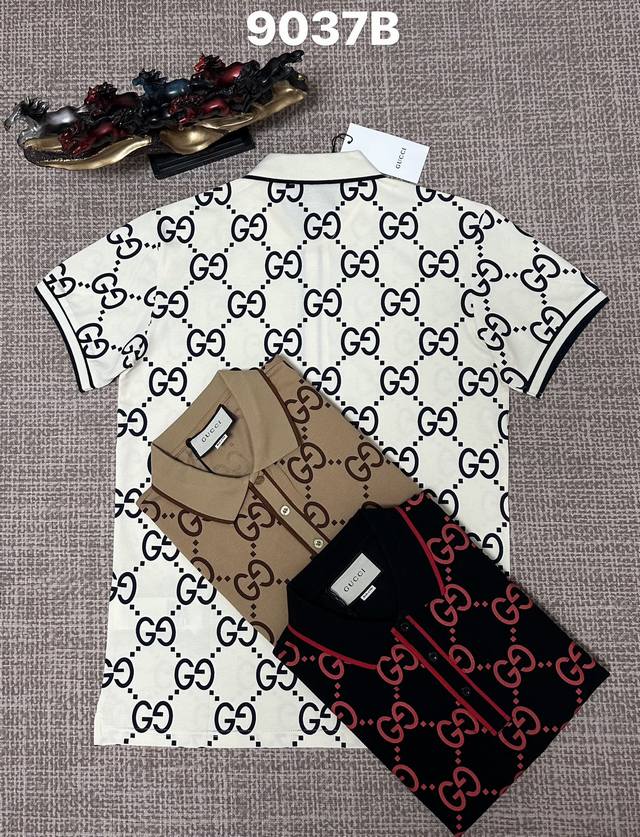 Gucci men's open-chest lapel style 9037B, pure cotton fabric, printed design, a