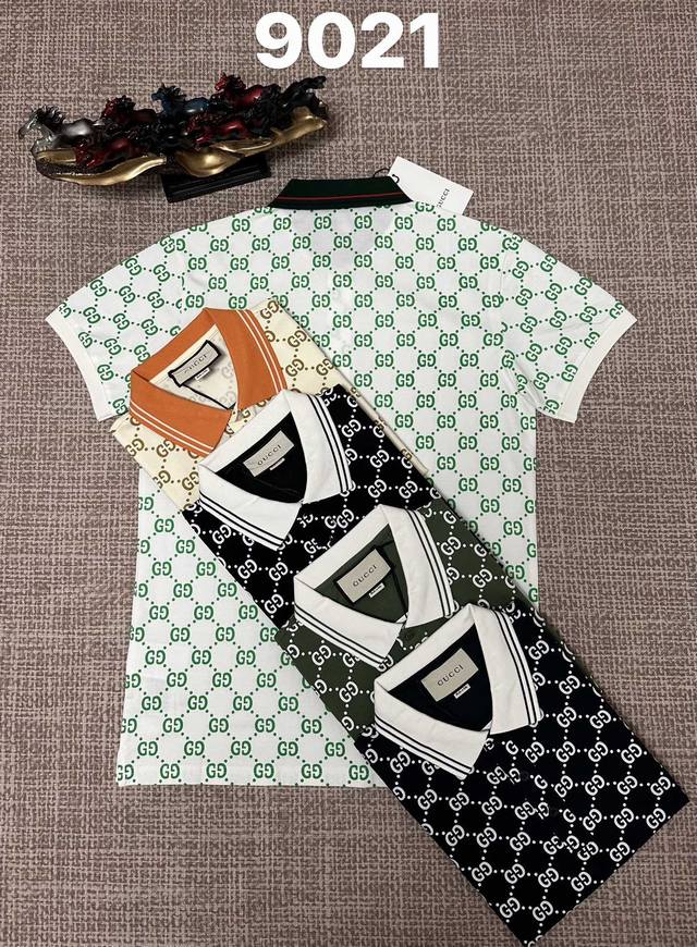 Gucci men's open-chest lapel style, 9021, pure cotton fabric, printed design, a