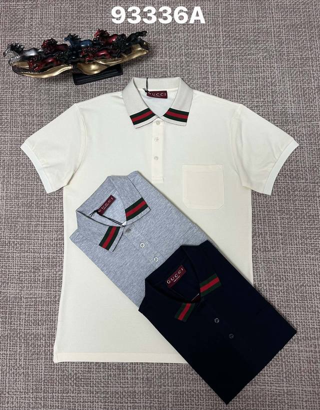 Gucci men's open-chest style with a turn-down collar 93336A, pure cotton fabric,