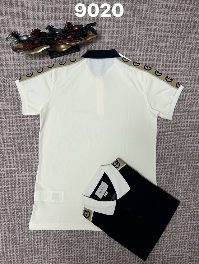 Gucci men's open-chest lapel style, 9020, pure cotton fabric, webbing detailing,