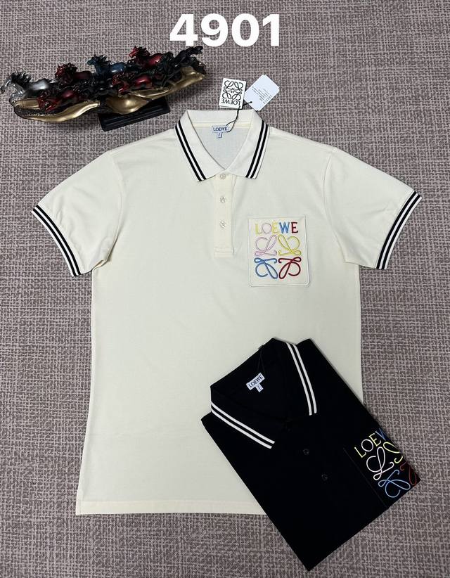 Loewe men's open-chest lapel style, 4901, pure cotton fabric, embroidery, black