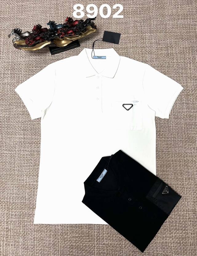 Prada men's open-chest lapel style, 8902, pure cotton fabric, pocket patch deta