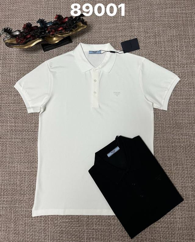 Prada men's open-chest lapel style 89001, pure cotton fabric, embroidery, black