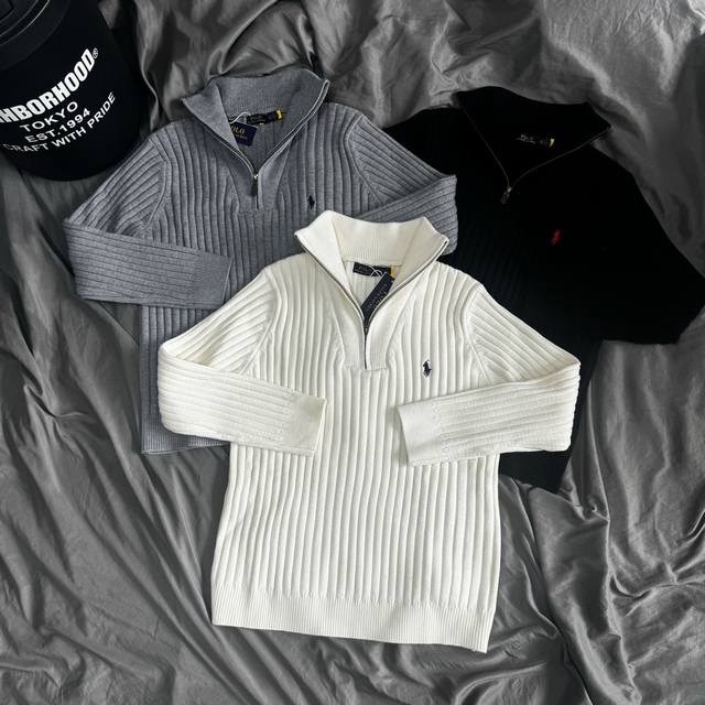 Upgraded Ralph Lauren Classic Embroidered Half-Zip Pony Logo Solid Color Ribbed