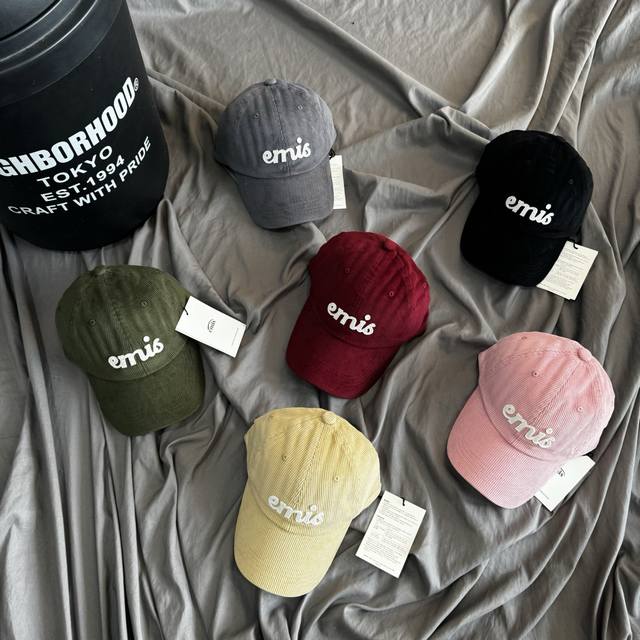 Emis Logo Embroidered Applique Corduroy Baseball Cap Six Colors.