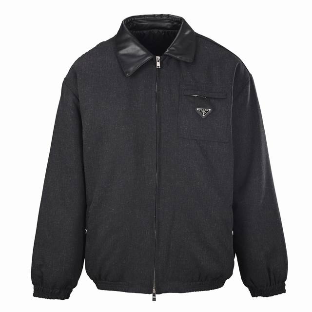 Prada PRD Leather Collar Label Turn-Down Collar Cotton Jacket. Originally purch