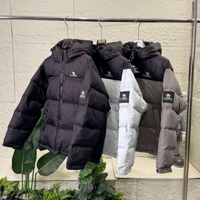 Camel unisex embroidered down jacket logo sleeve patch couple style white duck d