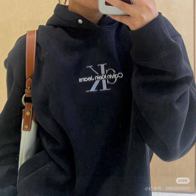 Ck Embroidered Letter Hooded Sweatshirt with Concealed Button on Chest Calaivkle