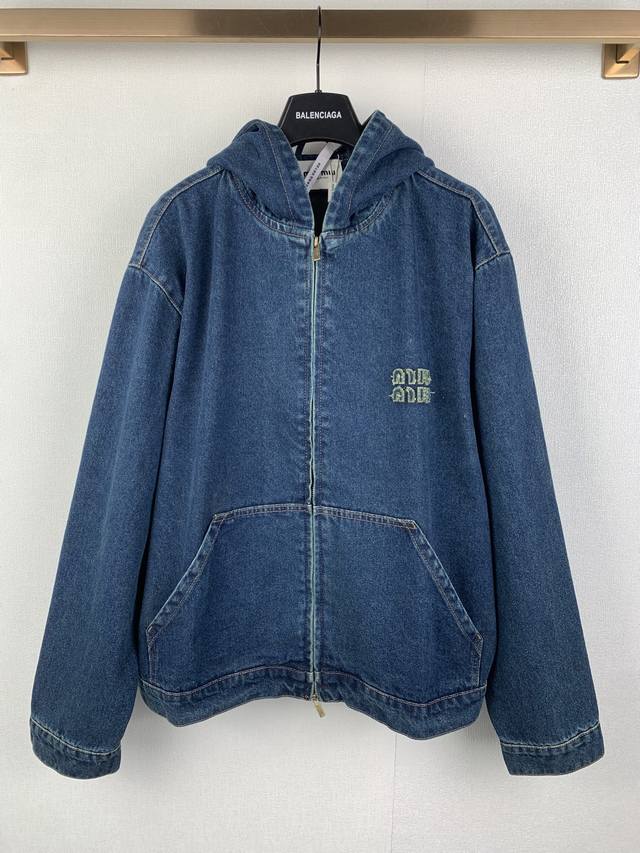 Miu Miu Hooded Embroidered Solid Color Long-Sleeve Zipper Denim Jacket. Authenti