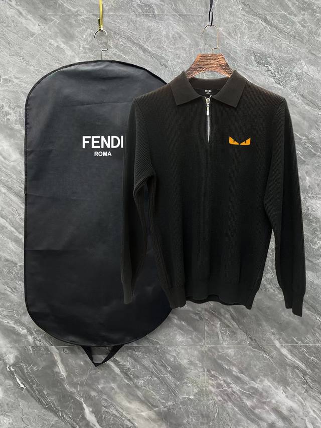 Fendi 2025 Newest Casual Polo Wool Sweater with Zipper Collar. The fabric is del