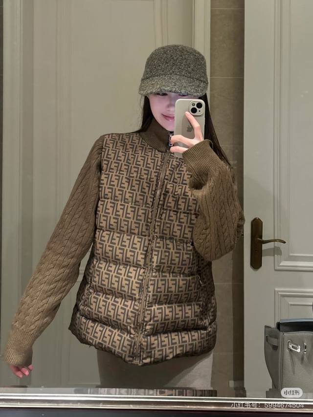 Fendi Monogram All-over Print Knitted Sleeve Down Jacket. Made with custom high-