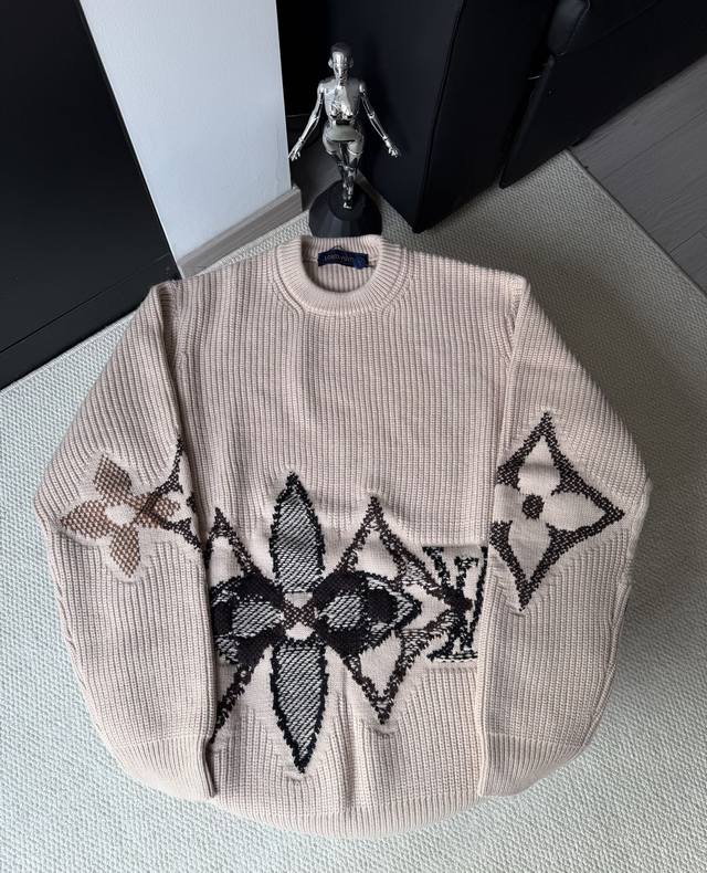 Lv Louis Vuitton 25Fw Ski Crew Neck Chunky Knit Sweater 100% Wool Fabric Washing