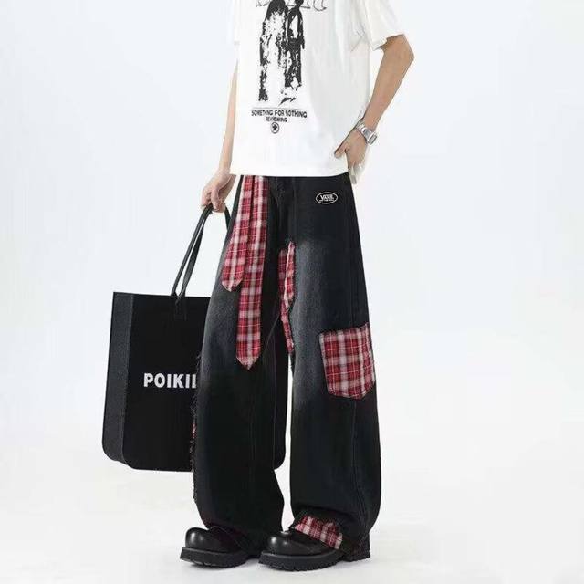 Vans American Retro Niche Red Plaid Patchwork Rolled-Up Straight Leg Wide-Leg Pa