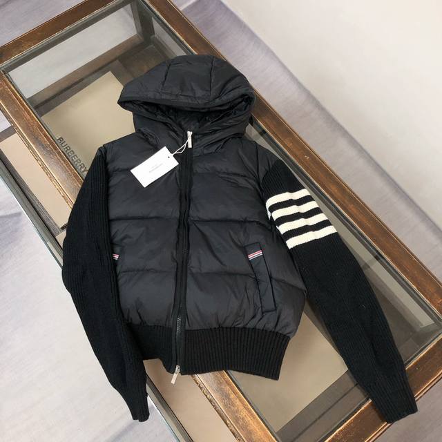 Thom Browne Tb brand knitted patchwork four stripes hooded 90% white duck down j