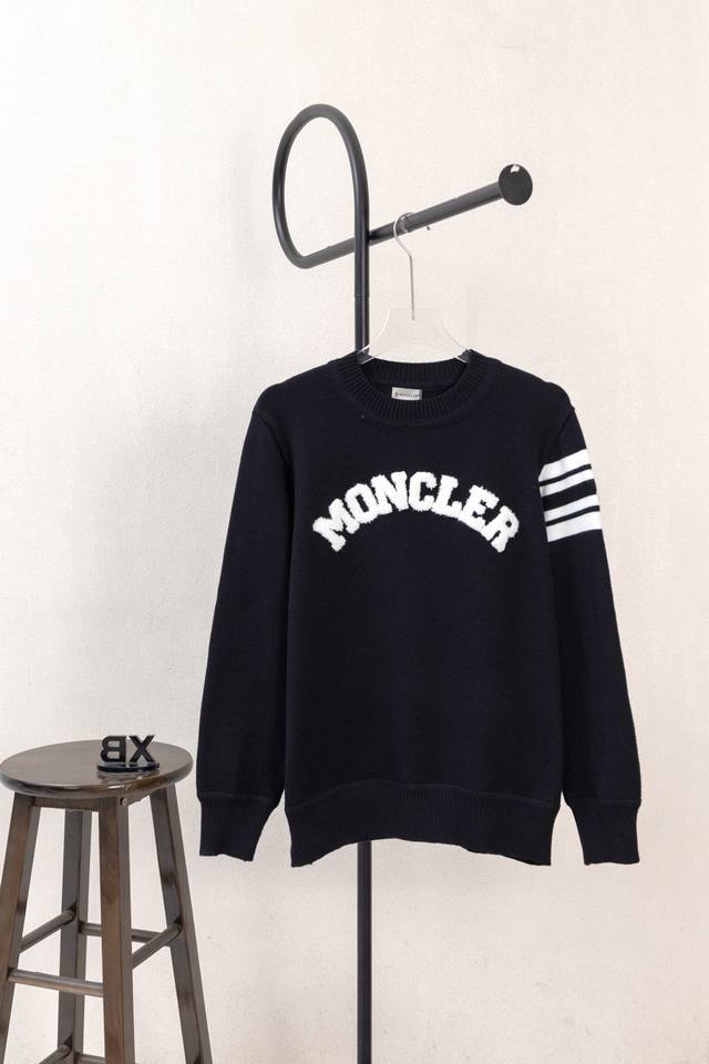 Style No. X347 Black and Gray Moncler Logo Embroidered Knit Crew Neck Sweater.