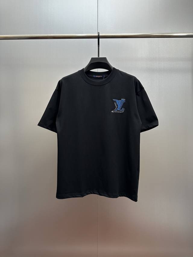 LV Blue and White Embroidered Black T-Shirt Made with 320g heavyweight fabric, t