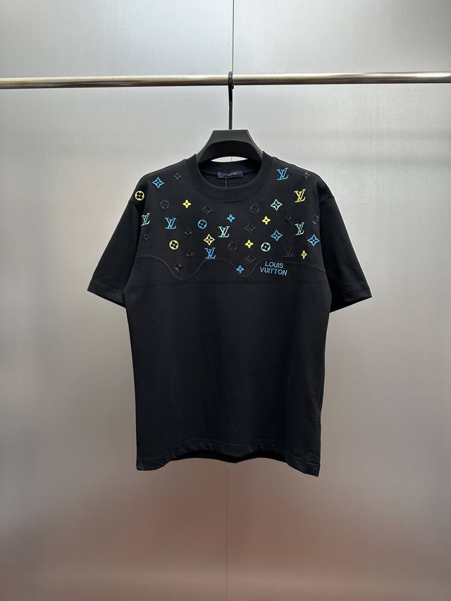 LV Colorful Monogram Embroidered Black T-Shirt Made of 320g heavyweight fabric,