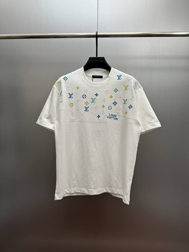 LV Colorful Monogram Embroidered White T-Shirt Made of 320g heavyweight fabric,