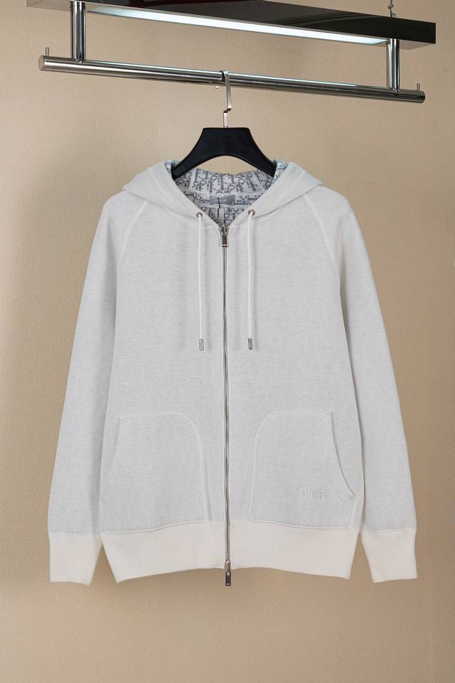 Dior Essentials Cotton Blend Knit Loose Zip-Up Hooded Jacket for Men, Navy Blue