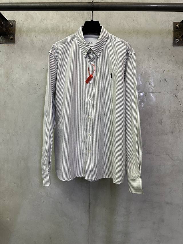 Ami Paris Heart Embroidered Striped Shirt. Fabric: Harp-weave combed Oxford clot