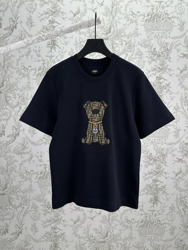 Fendi 25Ss New T-Shirt, Dark Blue Cotton, Standard Fit, Short Sleeve, Crew Neck.