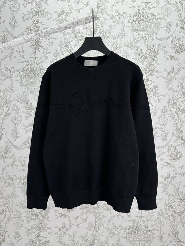 Dior 25Ss New Knit Sweater, Black Sheep Wool Plain Knit Fabric, Dior Ribbon Log