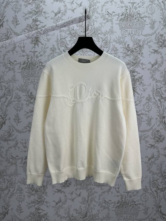 Dior 25Ss New Knit Sweater, White Sheep Wool Plain Knit Fabric, Dior Ribbon Log