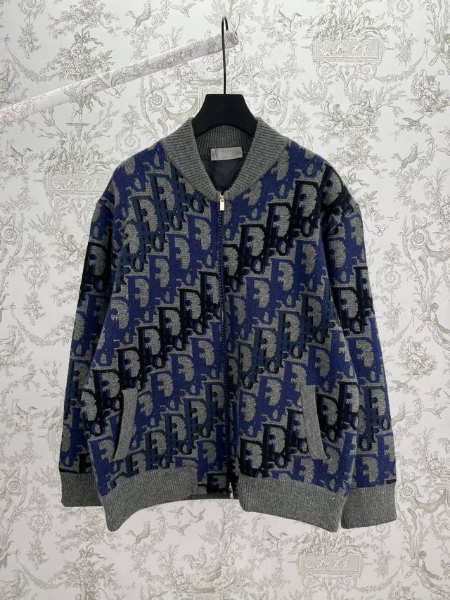Dior 25Ss New Short Jacket in Blue Wool Knit with Oblique Print. This short jac