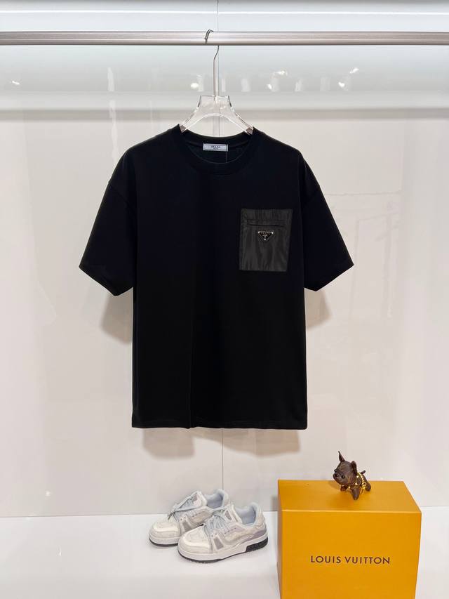 Prada High-Quality 320g Crew Neck Short Sleeve T-Shirt Brand Classic Chest Patc