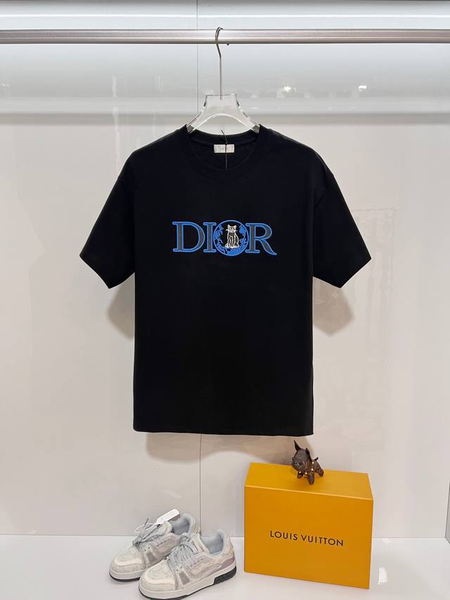 Dior High-Quality 320g Crew Neck Short Sleeve T-Shirt, Classic Blue Embroidered