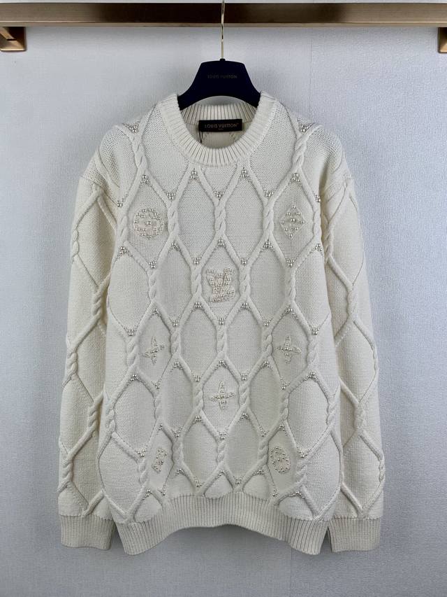 Louis Vuitton Pearl-Embellished Knit Sweater. Featuring a cable knit technique t