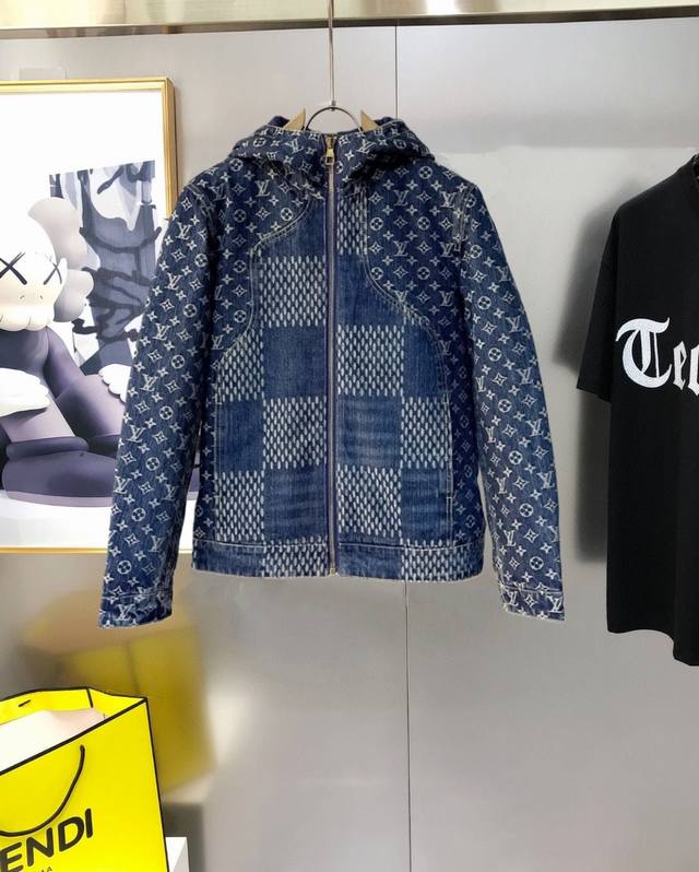 LV Louis Vuitton Damier Denim Hooded Down Jacket. Purchased by Yb for pattern ma