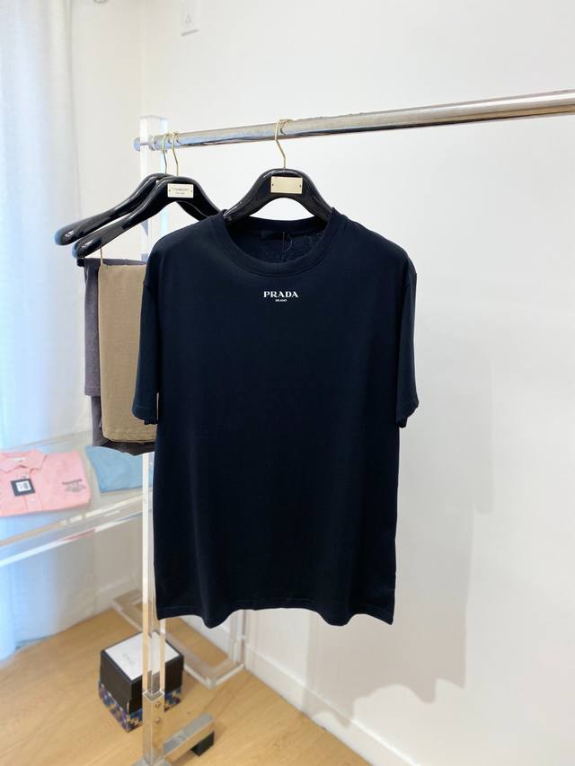 Prada, New Short-Sleeve T-Shirt, Stylish and Chic, Featuring a Logo Print on th