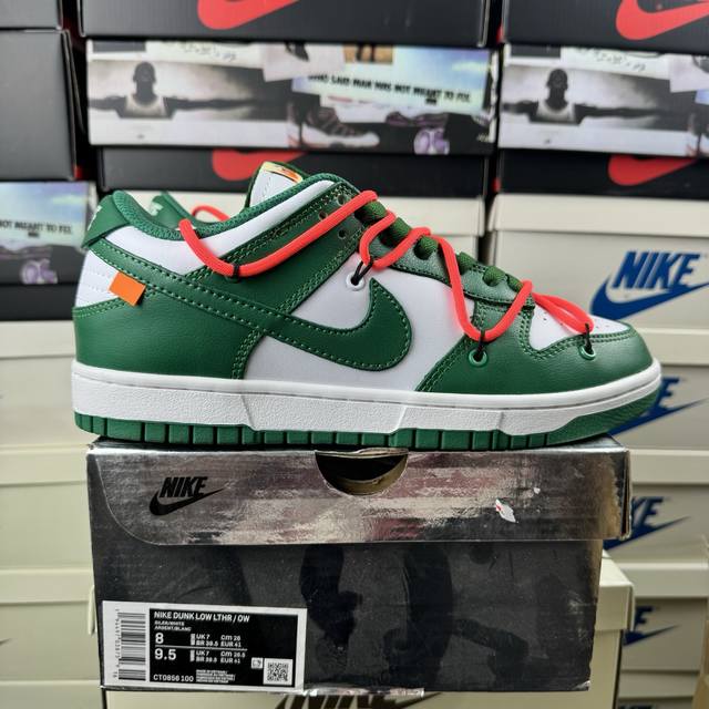 Authentic Off-White x Nike Dunk Low Lthr Ow White/Green Sneakers Ct0856-100 Size