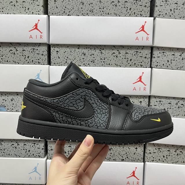 Little Dt Air Jordan 1 Low AJ1 Black and Yellow Crack Pattern Low-Top Casual Sn