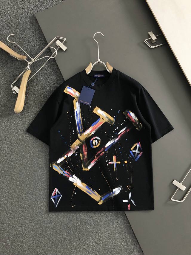LV 25Ss Latest and Top-Tier Colorful Hand-Painted Textured Short-Sleeve T-Shirt,