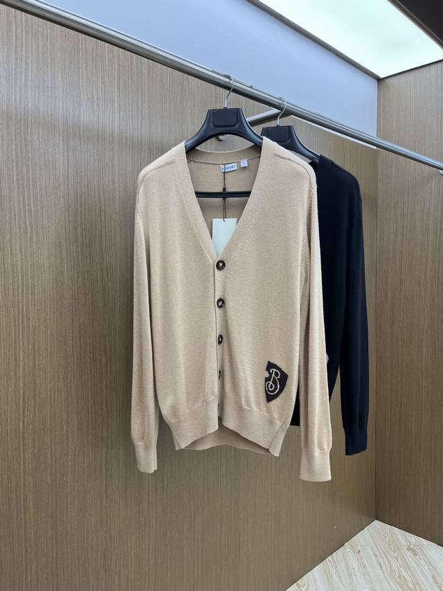 Autumn/Winter Burberry Shield Intarsia Knit V-Neck Cardigan Sweater. Made with c