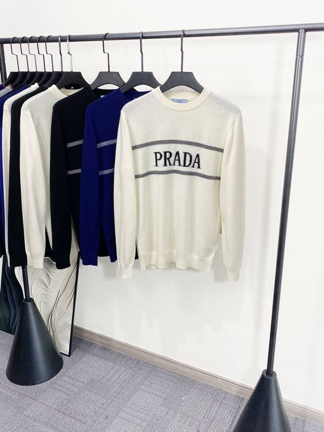 pra25Fw Autumn/Winter New Imported Wool and Cashmere Knitted Crew Neck Sweater,