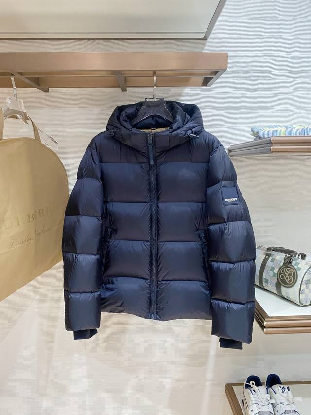 Premium Down Burberry Jacket with Color-Blocked PVC Strip Logo and Hood. Feature