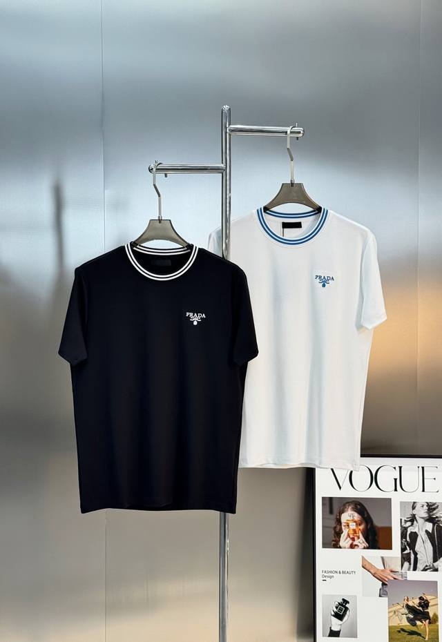 Prada 25S New Modal T-Shirt. Custom-knitted neckline with Prada logo embroidery