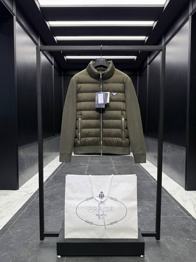 Premium Down Prada Classic Knitted Down Patchwork Jacket. Soft nylon fabric. Lig