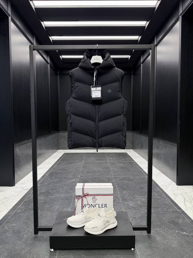 Premium Down Moncler Guersac Men's Twill Quilted Hooded Down Vest. The hood is