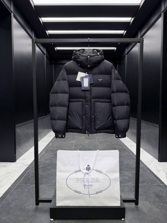 Premium Down Prada Triangle Badge 3D Quilted Hooded Down Jacket. Detachable hoo