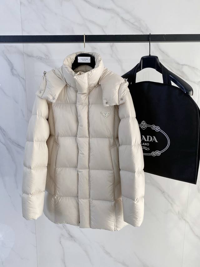Premium Down Prada 3333 Mid-Length Hooded Down Jacket with Detachable Hood and C