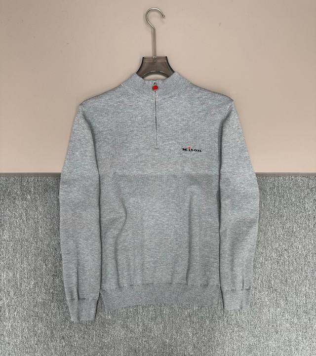 Kiton 2025 New Mid-High Neck Half-Zip Sweater, featuring a logo design on the ch