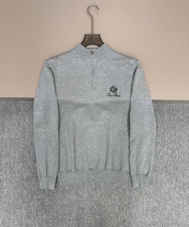 Loro Piana 2025 New Mid-High Neck Half-Zip Sweater, featuring a logo design on t
